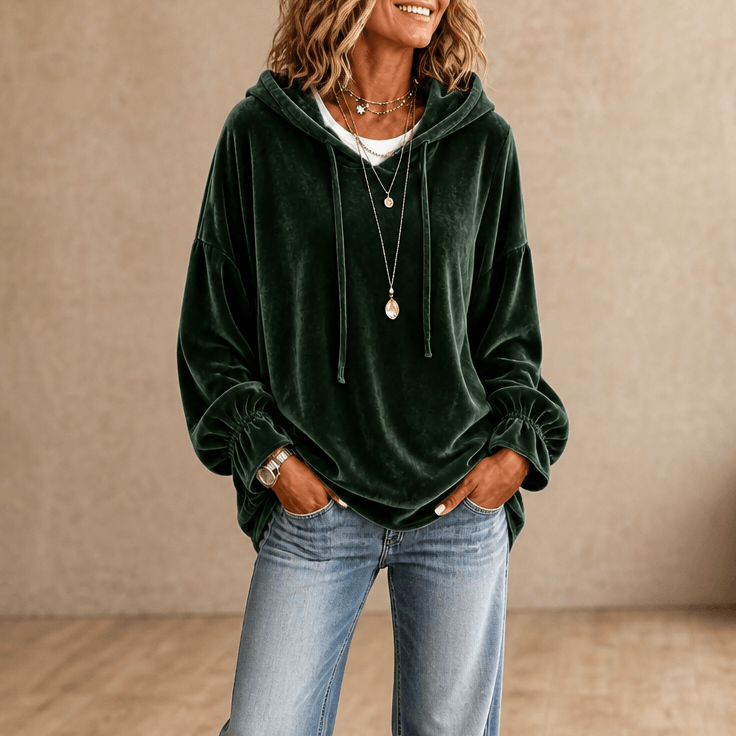 Kapuzensweatshirt mit Rüschenbündchen aus Samt für Damen