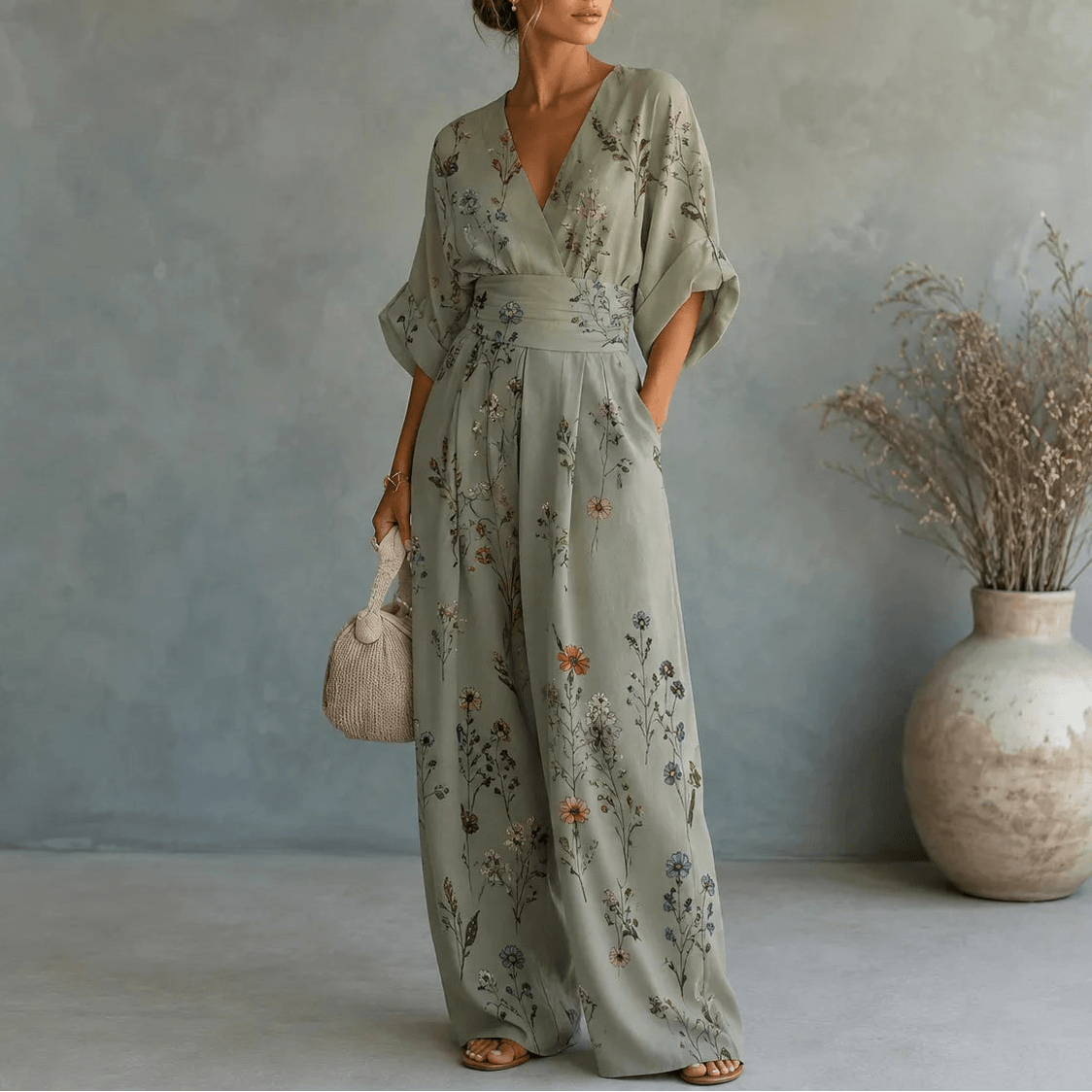 Solene V-Ausschnitt Jumpsuit mit weitem Bein und gebundener Taille