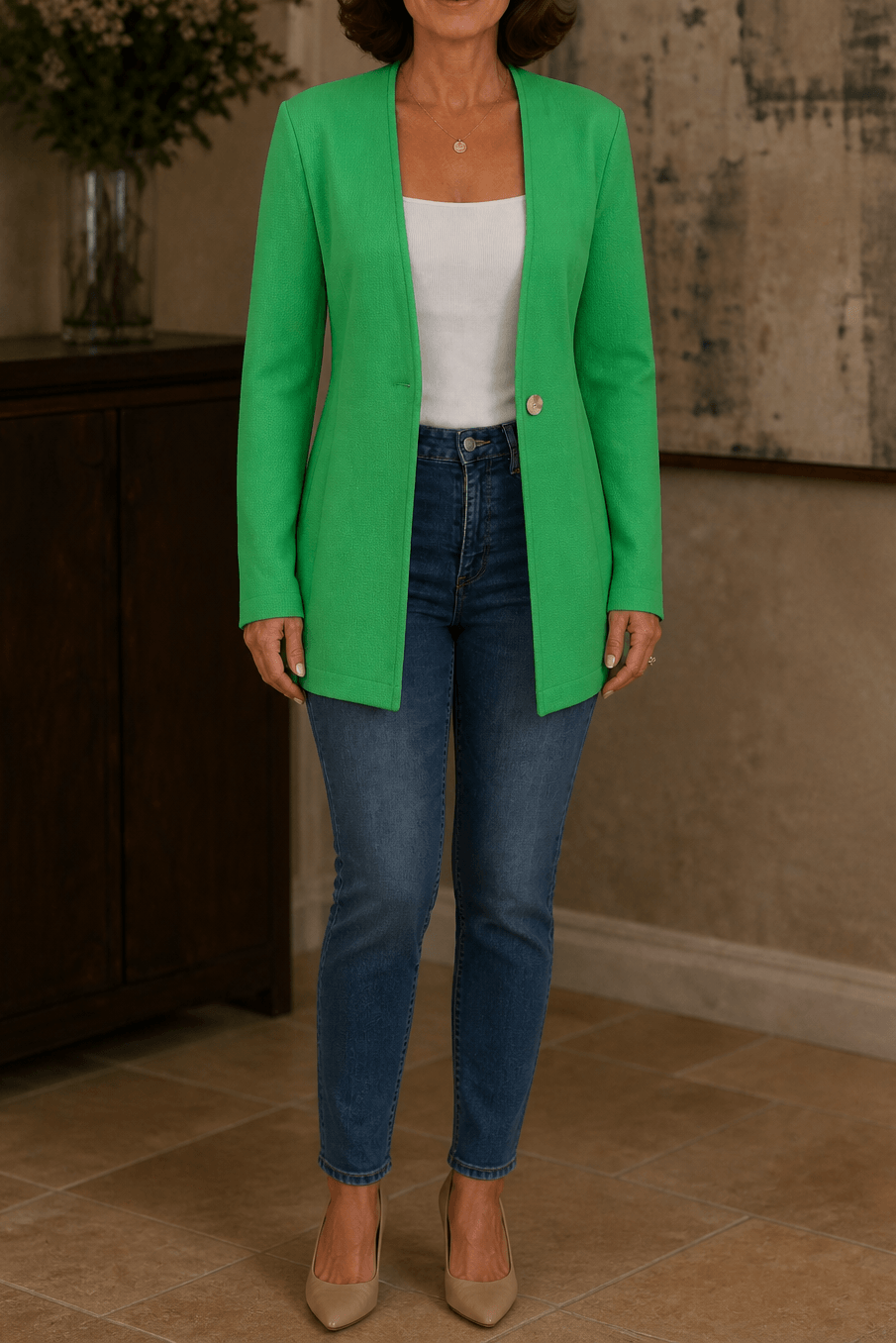 Linevalle Langer Blazer mit V-Ausschnitt und Einknopfverschluss für Damen aus Polyester