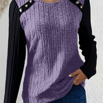 Damen Pullover Langarmshirt mit Kontrastärmeln und Knopfdetail am Rundhals