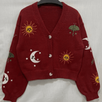 Bestickte Strickjacke Damen mit Sonne Mond Sterne Motiven