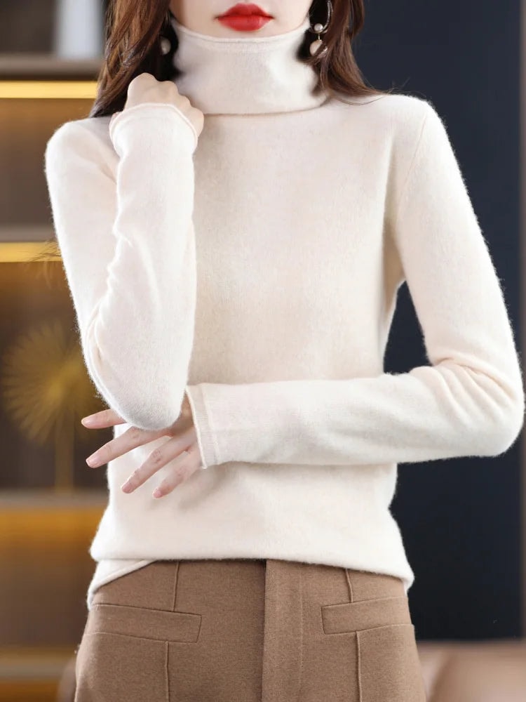 Damen Rollkragen Wollpullover aus Feinstrick mit Merinowolle