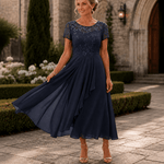 Blumen-Midikleid für Damen aus Spitze mit Chiffon-Rock und kurzen Ärmeln