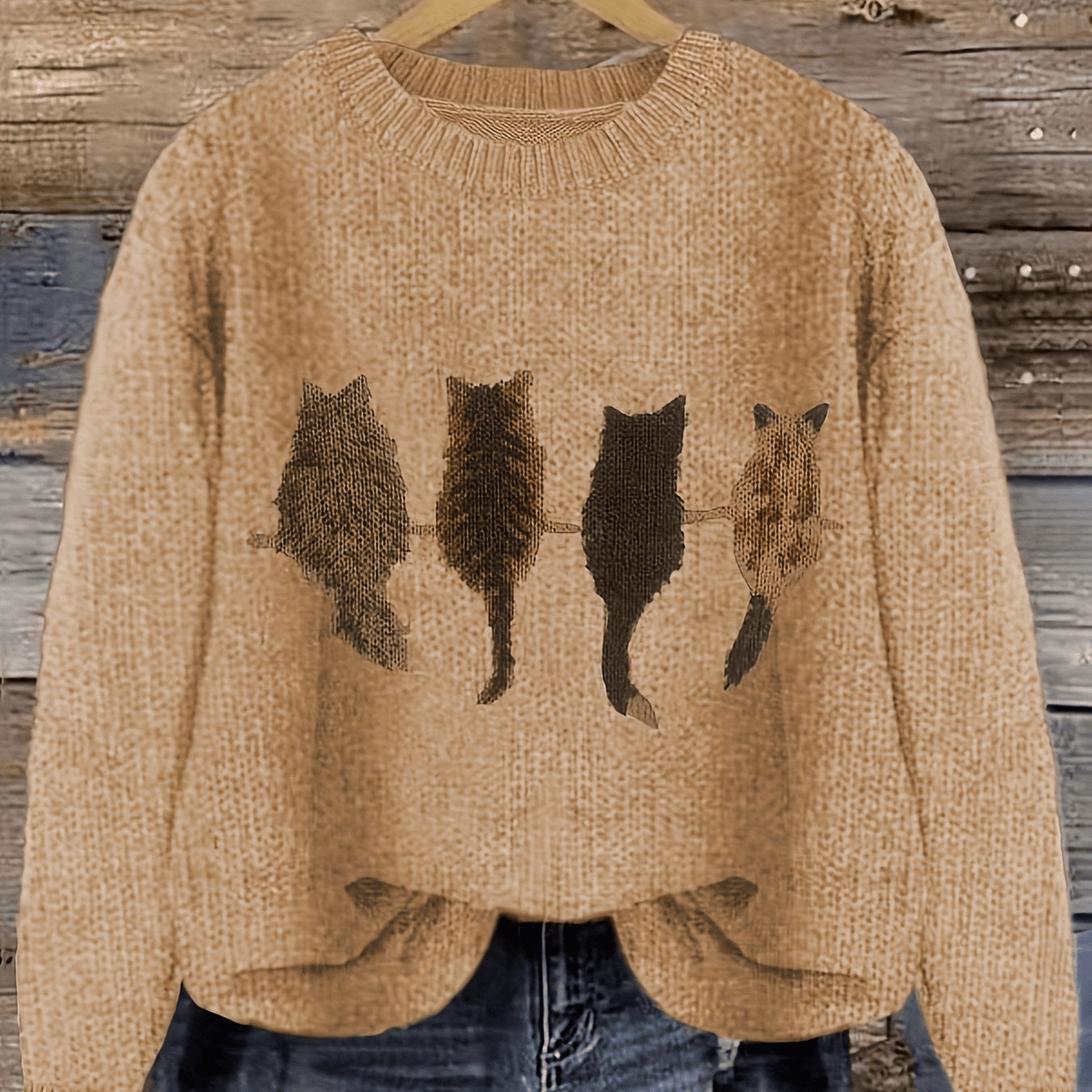 Grobstrick Rundhals Damenpullover mit Katzen-Motiv und Rippbündchen