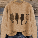 Grobstrick Rundhals Damenpullover mit Katzen-Motiv und Rippbündchen