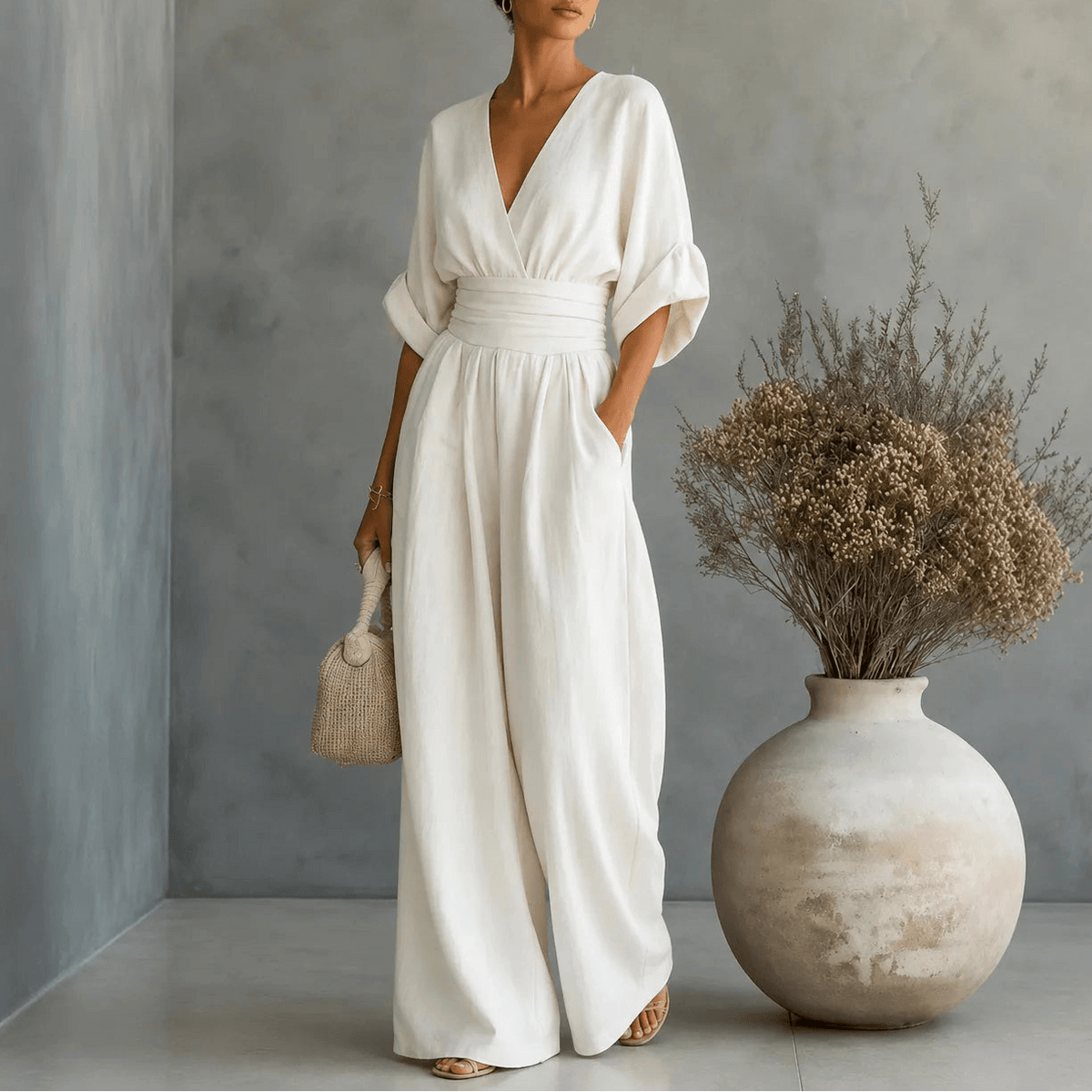 Weiter Jumpsuit mit V-Ausschnitt und plissiertem Taillengürtel als Zweiteiler-Look