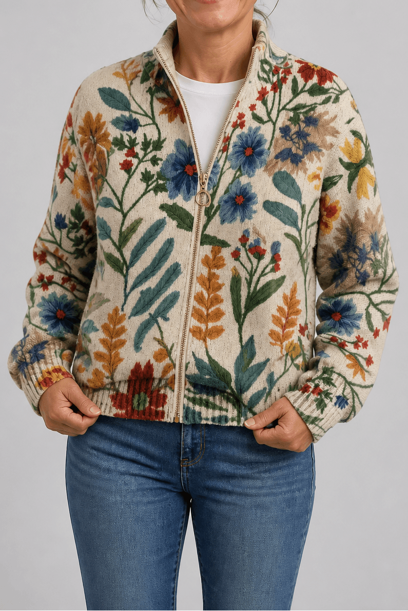Botanischer Strick-Cardigan mit durchgehendem Reissverschluss für Damen