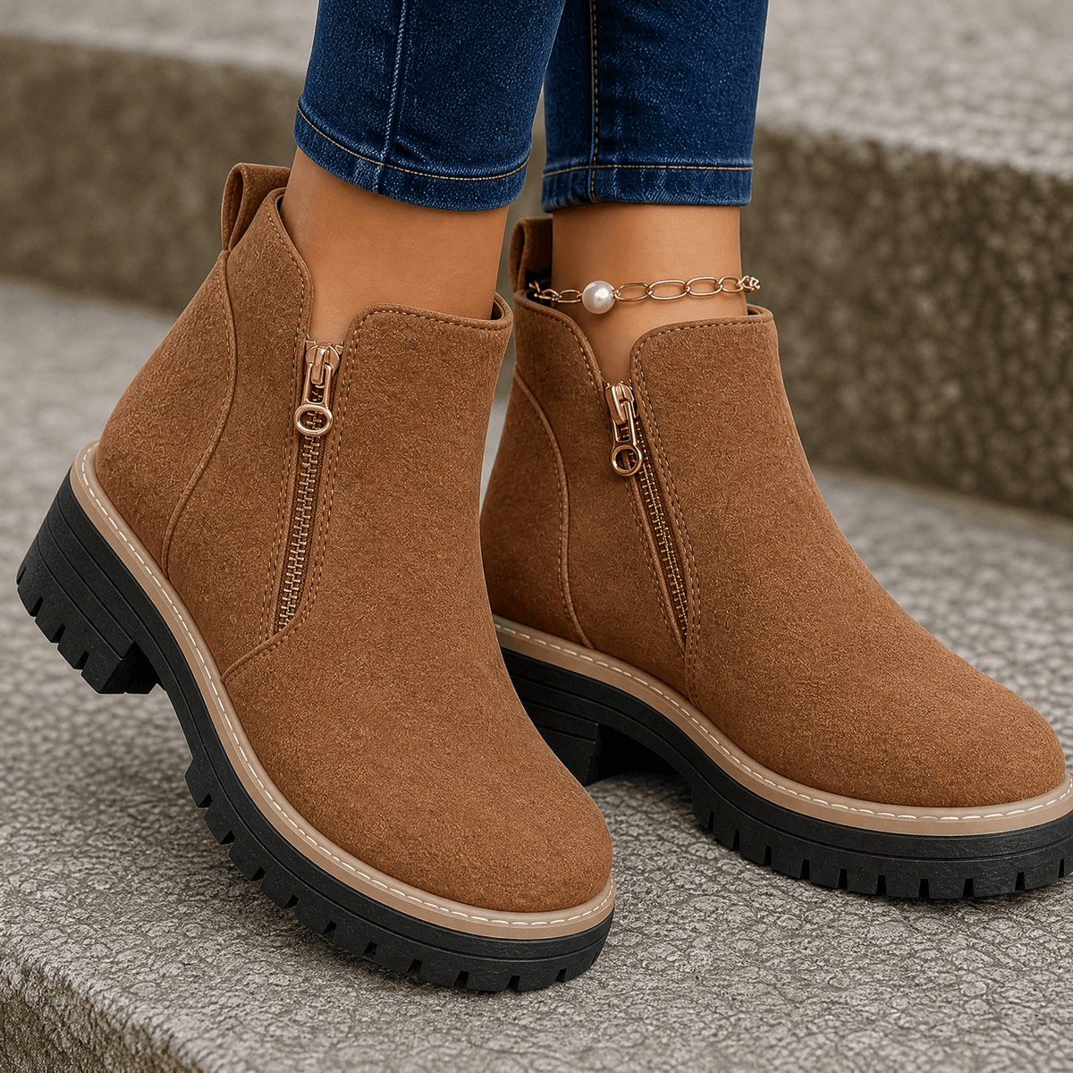 Damen Plateau-Stiefeletten mit Blockabsatz und Seitreissverschluss