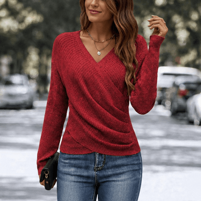 Wickel-Strickshirt mit V-Ausschnitt für Damen aus Feinstrick