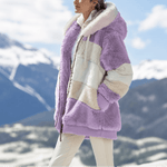 Damen Colorblock Kunstfell Jacke Oversized mit Kapuze