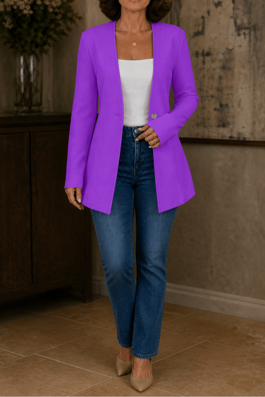 Linevalle Langer Blazer mit V-Ausschnitt und Einknopfverschluss für Damen aus Polyester