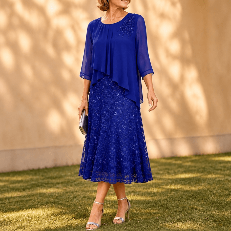 Elegantes Midikleid mit Spitzenoverlay und Chiffonärmeln