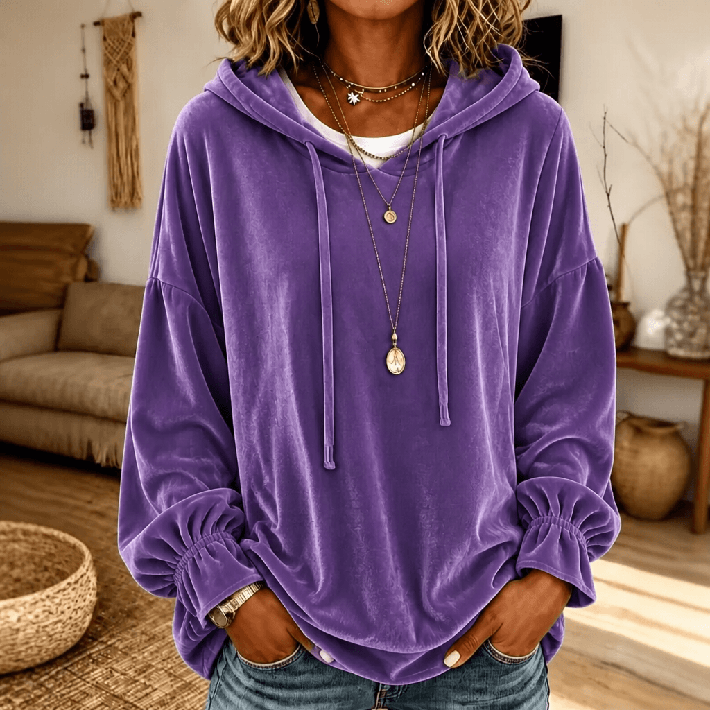 Kapuzensweatshirt mit Rüschenbündchen aus Samt für Damen