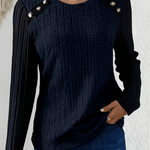 Damen Pullover Langarmshirt mit Kontrastärmeln und Knopfdetail am Rundhals