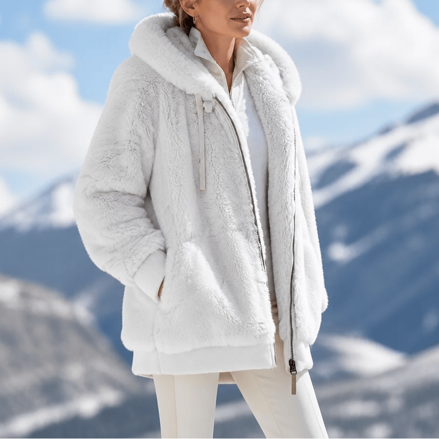 Damen Colorblock Kunstfell Jacke Oversized mit Kapuze