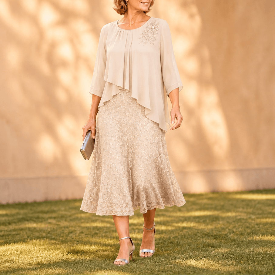 Elegantes Midikleid mit Spitzenoverlay und Chiffonärmeln