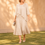 Elegantes Midikleid mit Spitzenoverlay und Chiffonärmeln