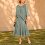Elegantes Midikleid mit Spitzenoverlay und Chiffonärmeln