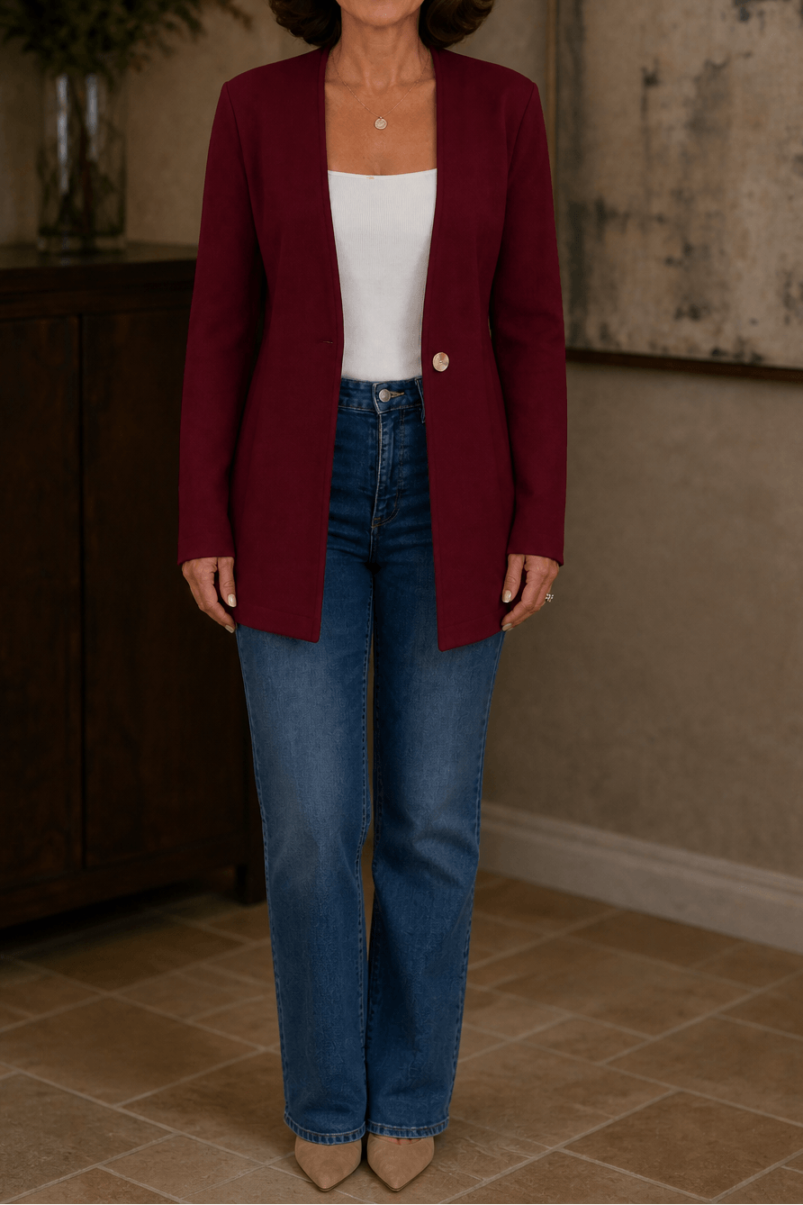 Linevalle Langer Blazer mit V-Ausschnitt und Einknopfverschluss für Damen aus Polyester