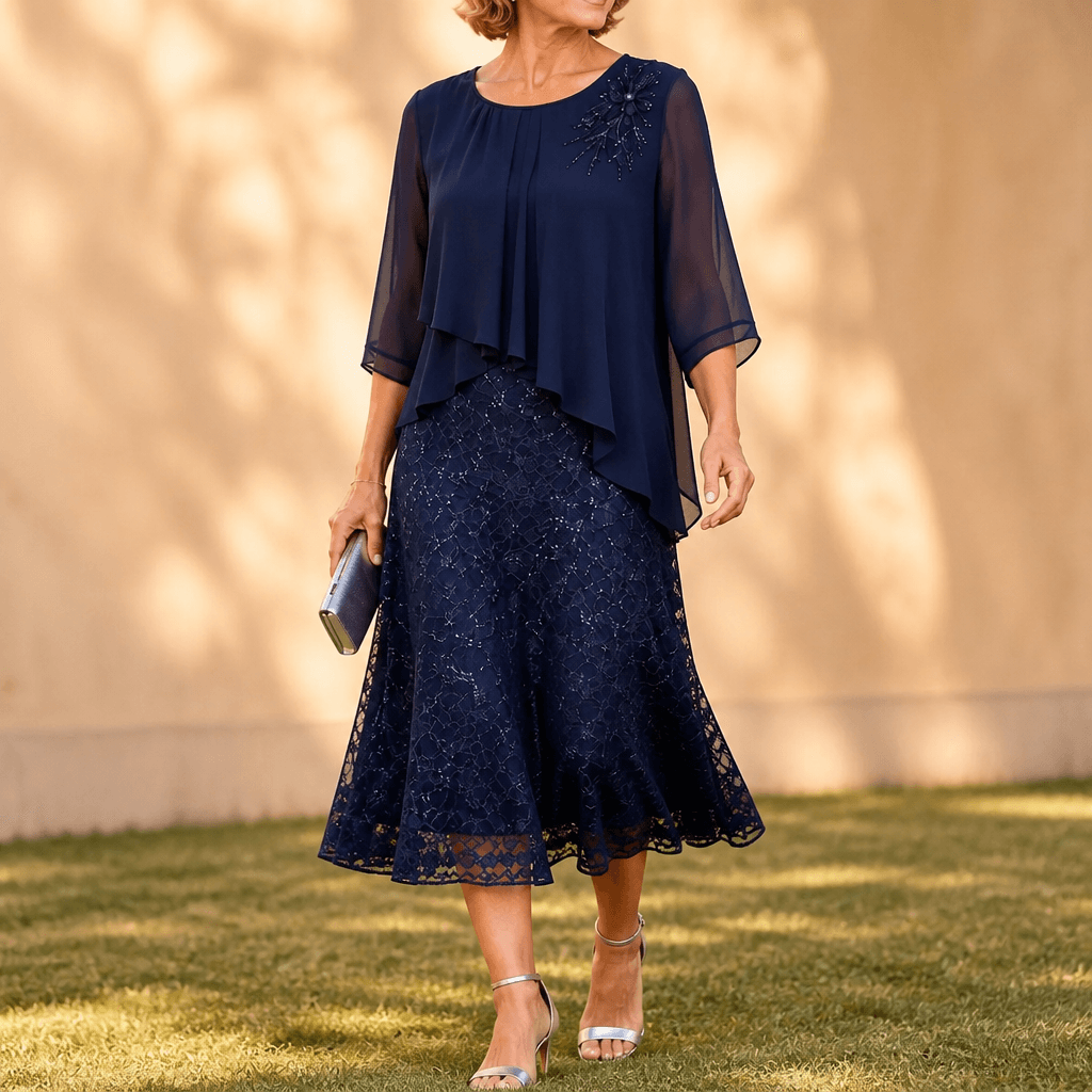 Elegantes Midikleid mit Spitzenoverlay und Chiffonärmeln