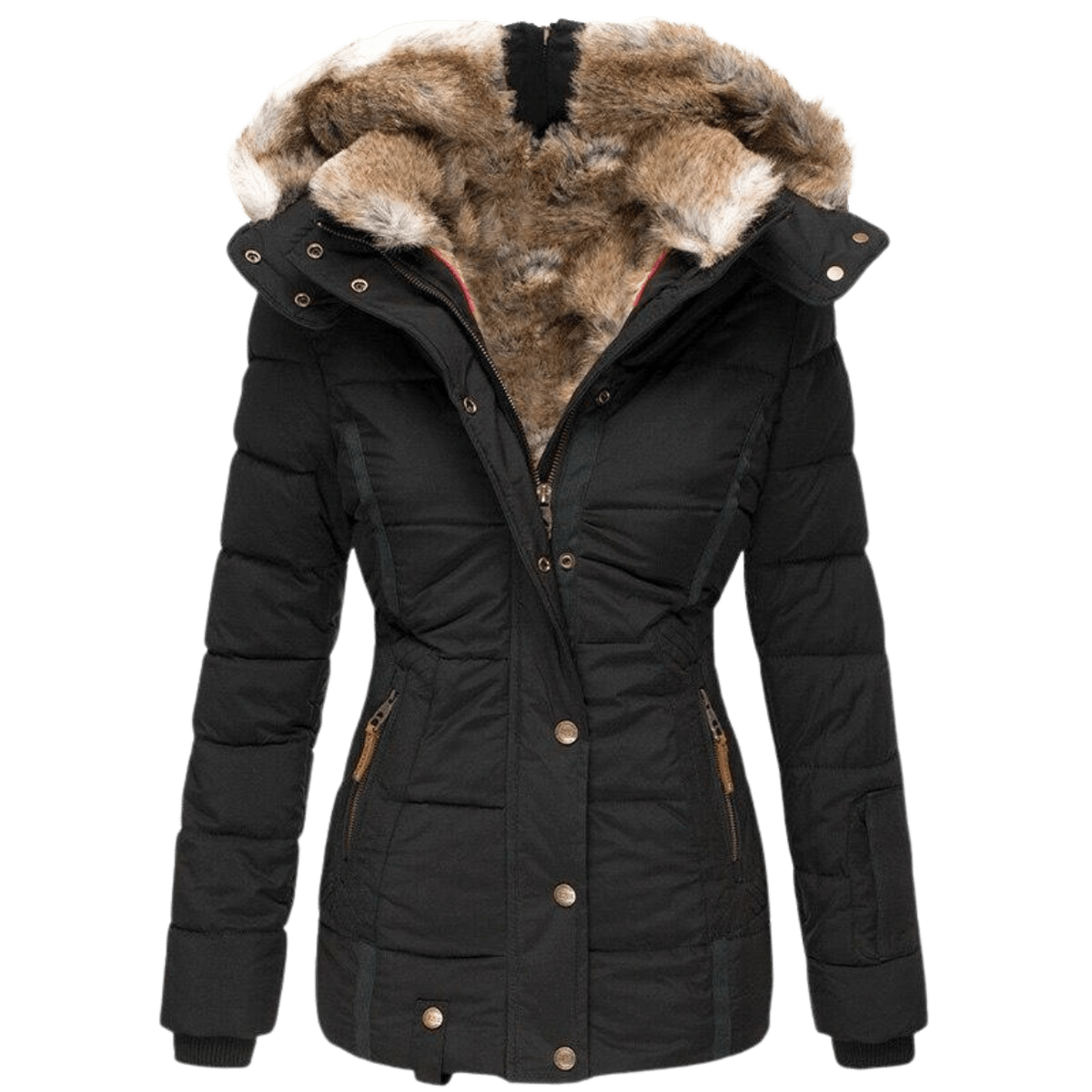 Schlank geschnittene Damen-Winterjacke mit Kunstfellkapuze und Kunstfellfutter