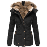Schlank geschnittene Damen-Winterjacke mit Kunstfellkapuze und Kunstfellfutter