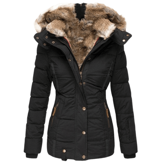 Schlank geschnittene Damen-Winterjacke mit Kunstfellkapuze und Kunstfellfutter