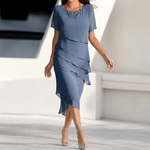 Chiffon-Patchwork-Herbstkleid mit Rundhalsausschnitt und kurzen Ärmeln