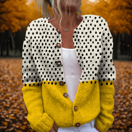 Zweifarbige Damen Strickjacke mit Punktemuster und Knopfleiste