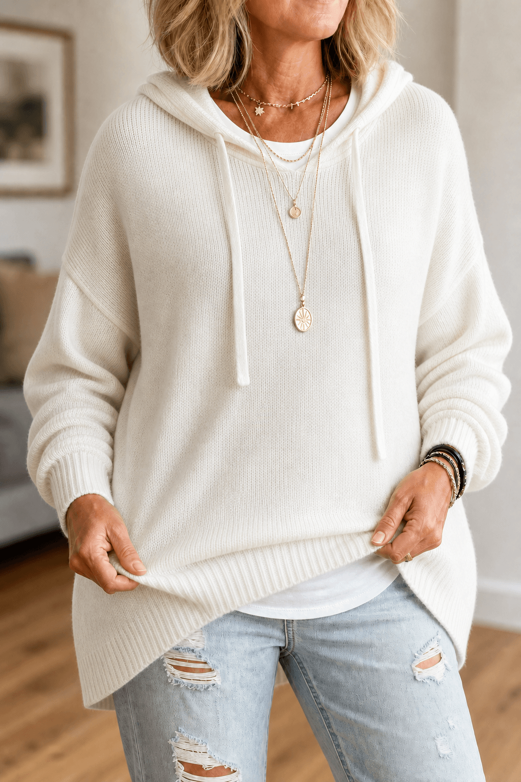 Oversize Kapuzen-Strickpullover mit Kordelzug für Damen