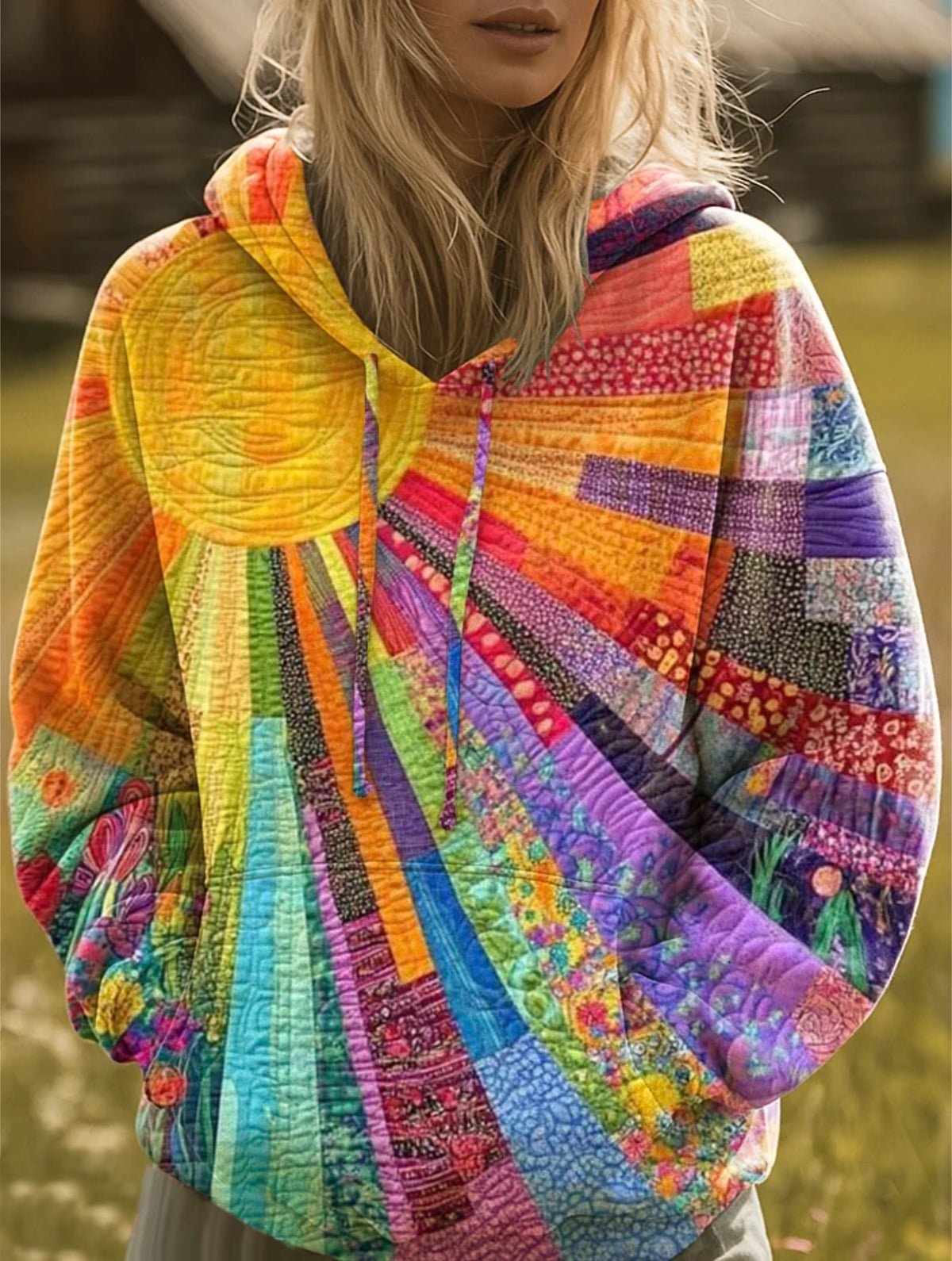 Bunter Patchwork-Hoodie mit Kapuze für Damen im Boho-Stil