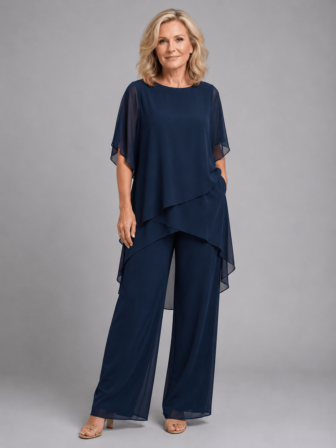 Damen Chiffon Zweiteiler Set mit Flowing Top und Weitem Hosenbein