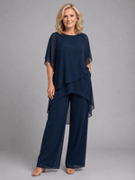 Damen Chiffon Zweiteiler Set mit Flowing Top und Weitem Hosenbein