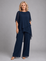 Damen Chiffon Zweiteiler Set mit Flowing Top und Weitem Hosenbein