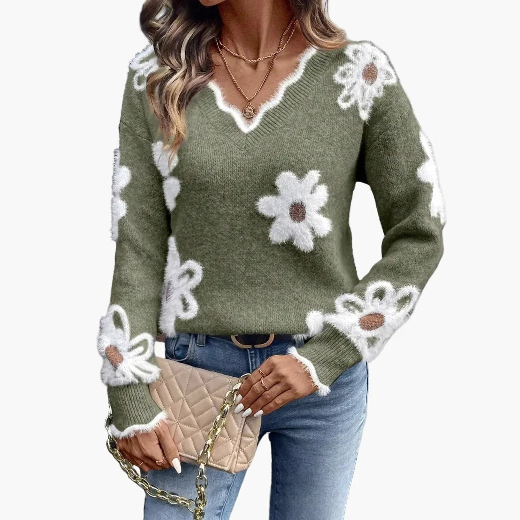 Damen Strickpullover mit Blumenstickerei und V-Ausschnitt im Norweger-Stil