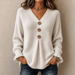 Damen V-Ausschnitt Strickpullover mit Knopfleiste und Rippstruktur