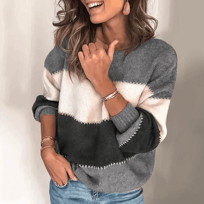 Lockerer Gestreifter Strickpullover im Colorblock-Design für Damen