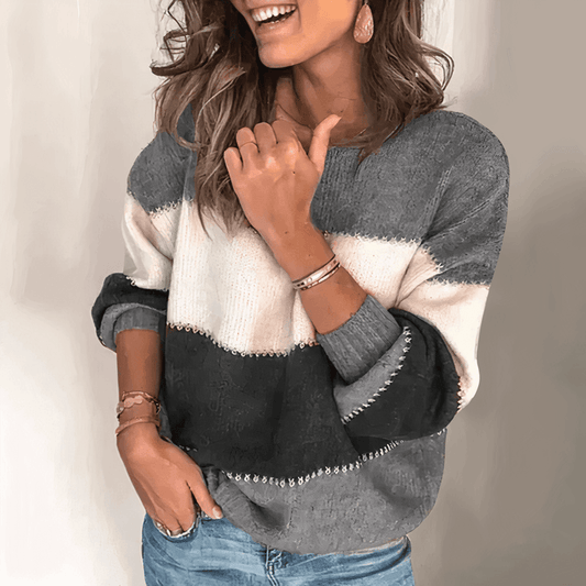 Lockerer Gestreifter Strickpullover im Colorblock-Design für Damen