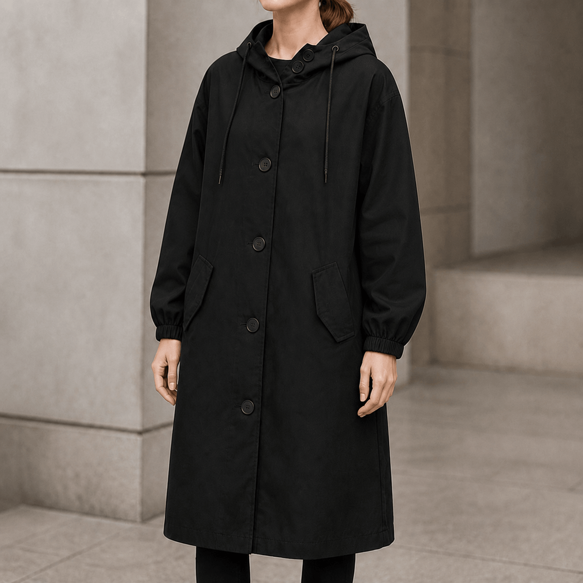 Kapuzen-Midi-Trenchcoat für Damen aus Baumwollmischung mit Kordelzug in der Taille