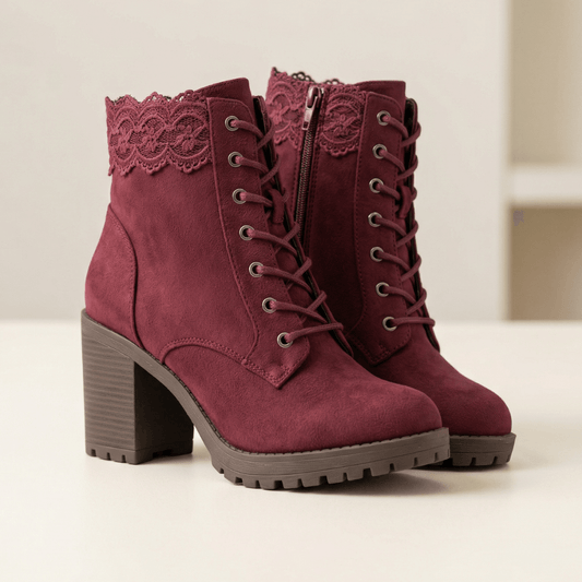 Lacelle Spitzenbesetzte Damen Stiefeletten aus Wildleder mit Blockabsatz
