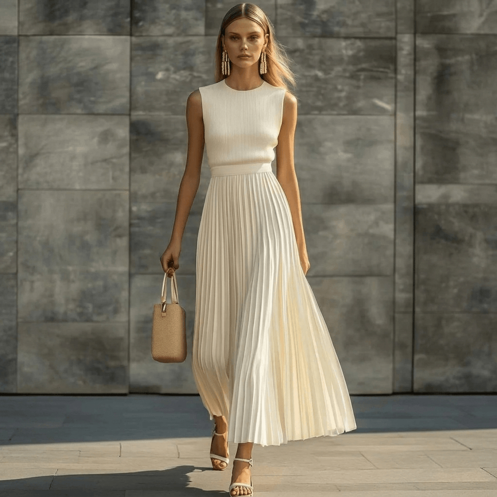 Bernadette Plissiertes Maxikleid für den Herbst mit fliessender Silhouette