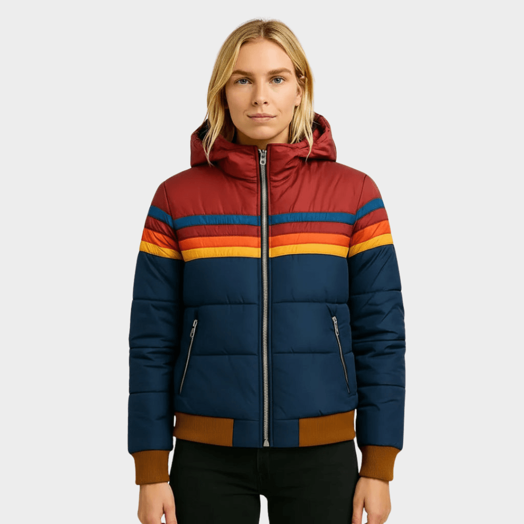 Warme Winterjacke Damen gesteppt im Retro-Stil mit Kapuze und Streifendesign