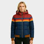 Warme Winterjacke Damen gesteppt im Retro-Stil mit Kapuze und Streifendesign