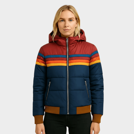 Warme Winterjacke Damen gesteppt im Retro-Stil mit Kapuze und Streifendesign