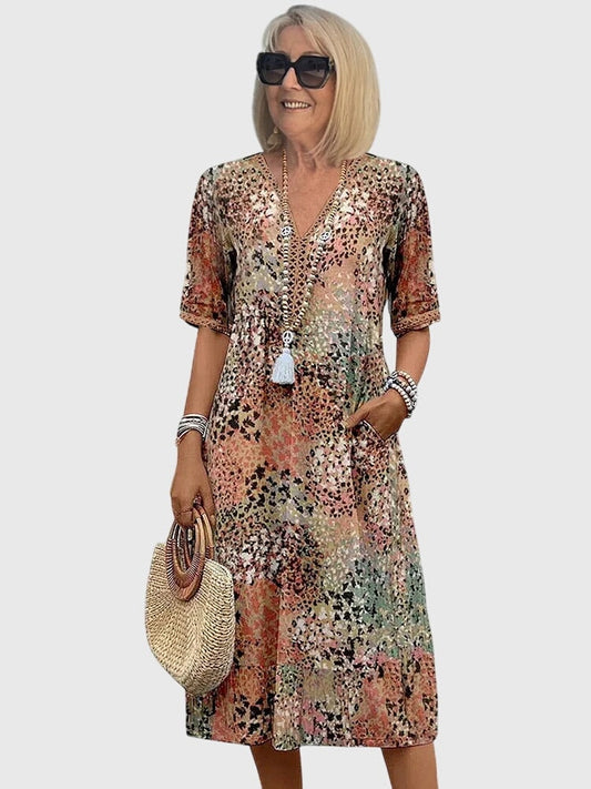 Florales Bohemian Midikleid mit V-Ausschnitt und Taschen