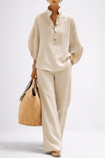 Weites Leinen-Zweiteiler-Set mit Stehkragen und Culotte-Hose