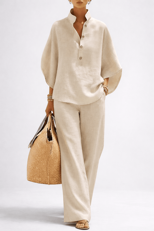 Weites Leinen-Zweiteiler-Set mit Stehkragen und Culotte-Hose