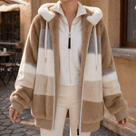 Damen Colorblock Kunstfell Jacke Oversized mit Kapuze