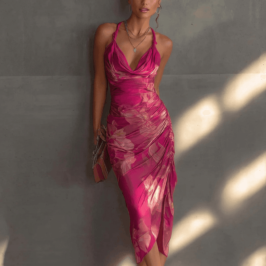 Cowl-Ausschnitt Blumen Midikleid mit Raffung für den Herbst