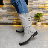 Damen Winterstiefel aus Veloursleder mit Strickbündchen und Profilsohle im Slouch-Design